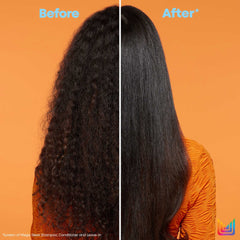 Hair before-and-after split: Mega Sleek smoothing shows smoother, straighter strands