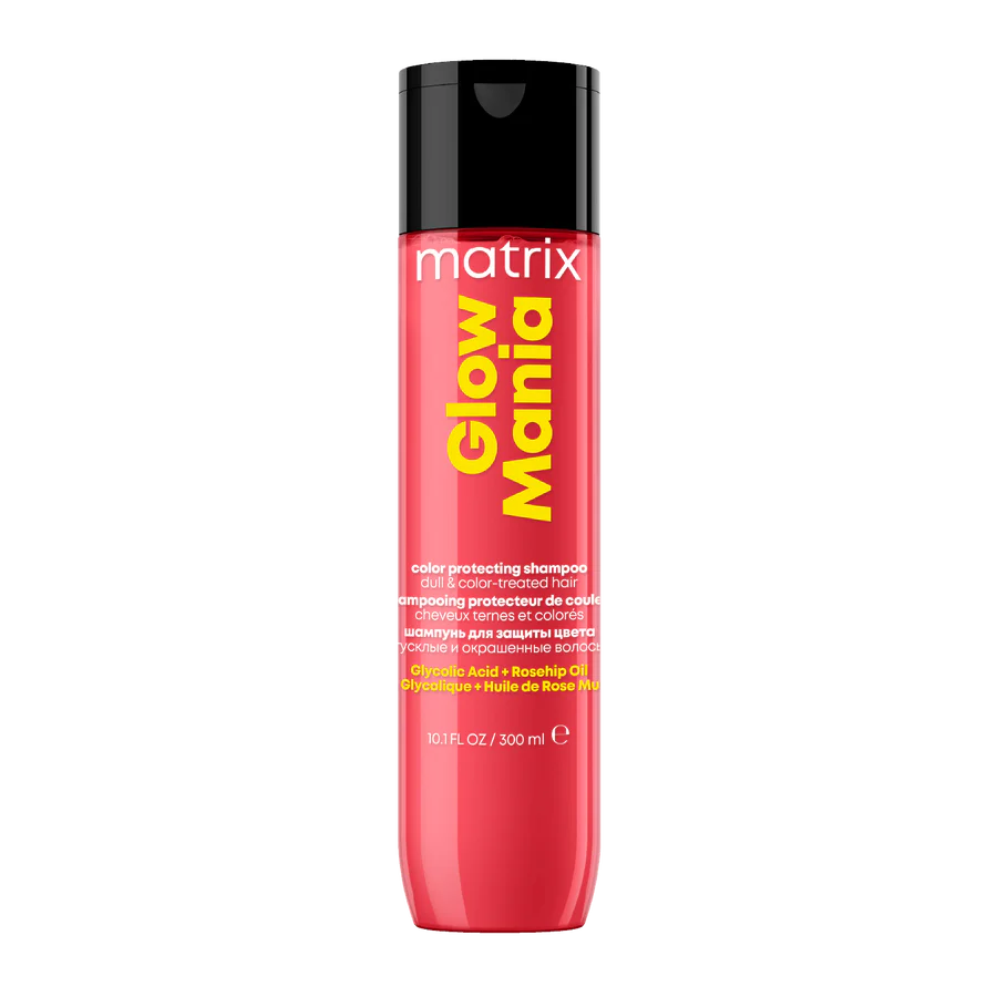 Red-pink shampoo bottle: Matrix Glow Mania 300 ml, black cap.