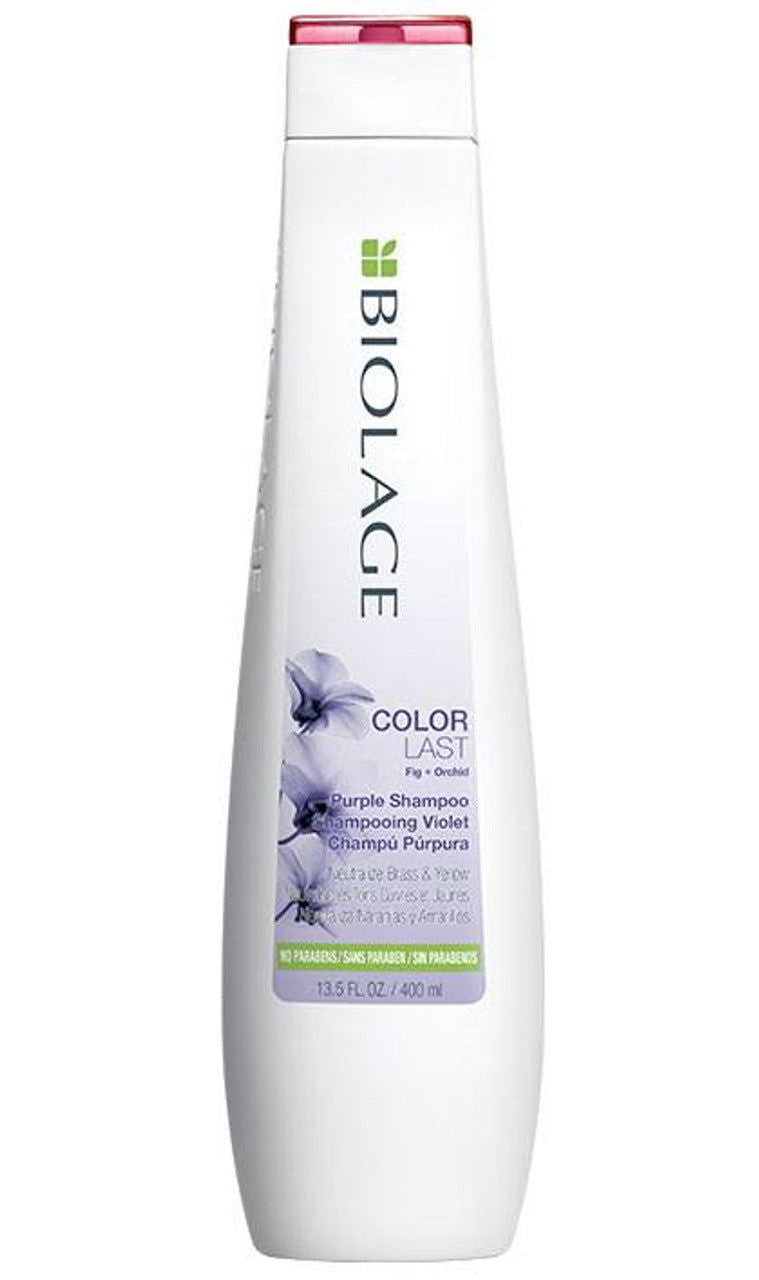 White Biolage Colourlast purple shampoo bottle, 400 ml, with purple floral label
