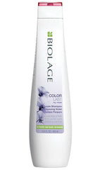 White Biolage Colourlast purple shampoo bottle, 400 ml, with purple floral label
