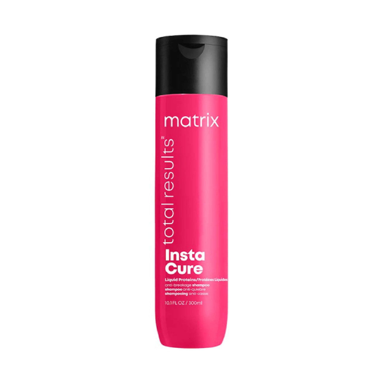 Matrix Instacure anti-breakage shampoo bottle, pink label, black cap, 300 ml