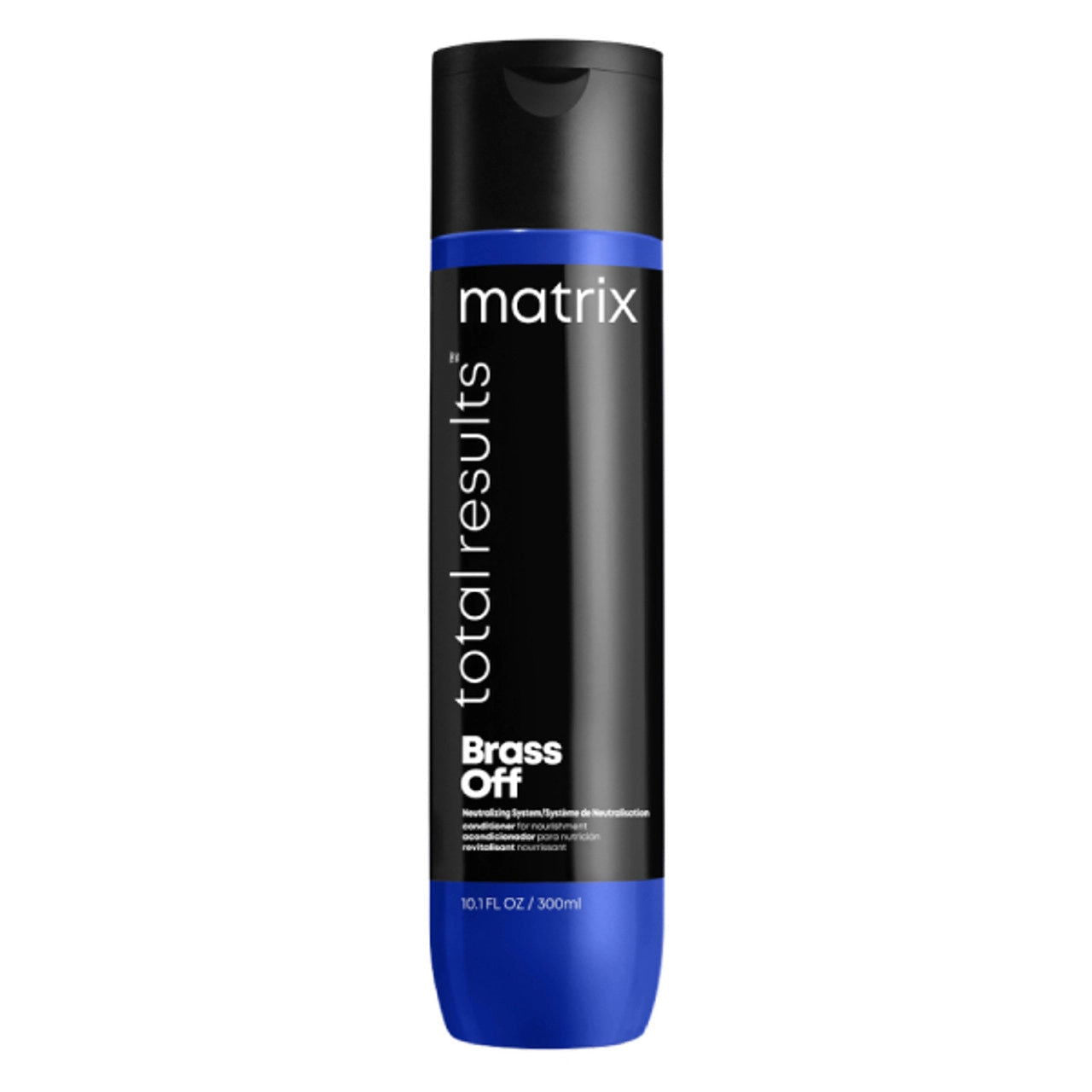 Brass Off conditioner bottle, black with blue label band, 300ml
