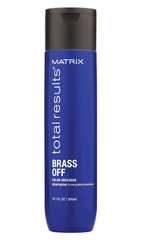 Matrix Total Results Brass Off shampoo bottle, blue plastic with black cap