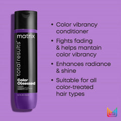 Matrix Color Obsessed conditioner bottle with purple cap; printed color-vibrancy benefits