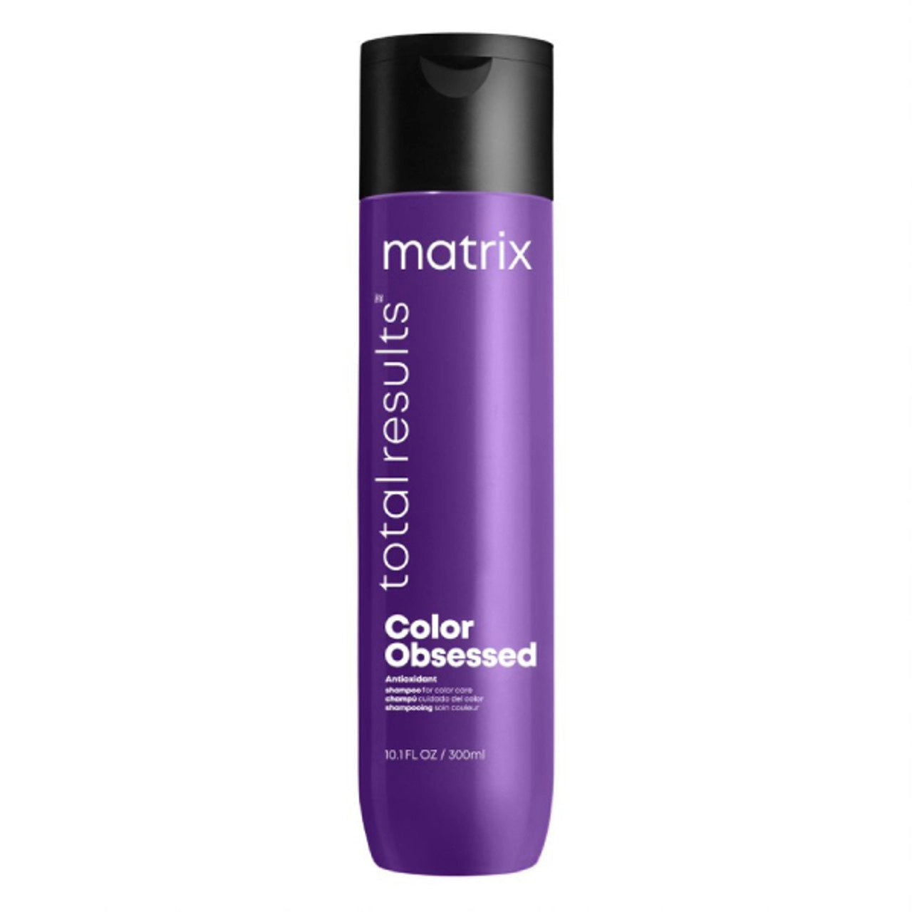 Purple shampoo bottle with black cap, matrix Color Obsessed label