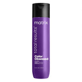 Purple shampoo bottle with black cap, matrix Color Obsessed label