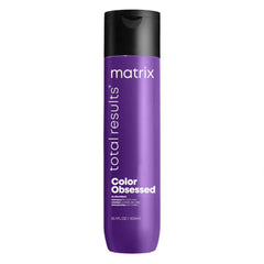 Purple shampoo bottle with black cap, matrix Color Obsessed label