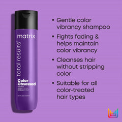Purple matrix Color Obsessed shampoo bottle with benefits bullets on side