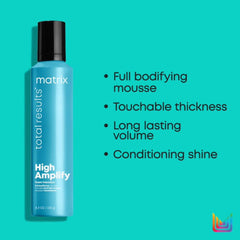 Blue foam mousse bottle with black cap and tall pump, Matrix High Amplify.