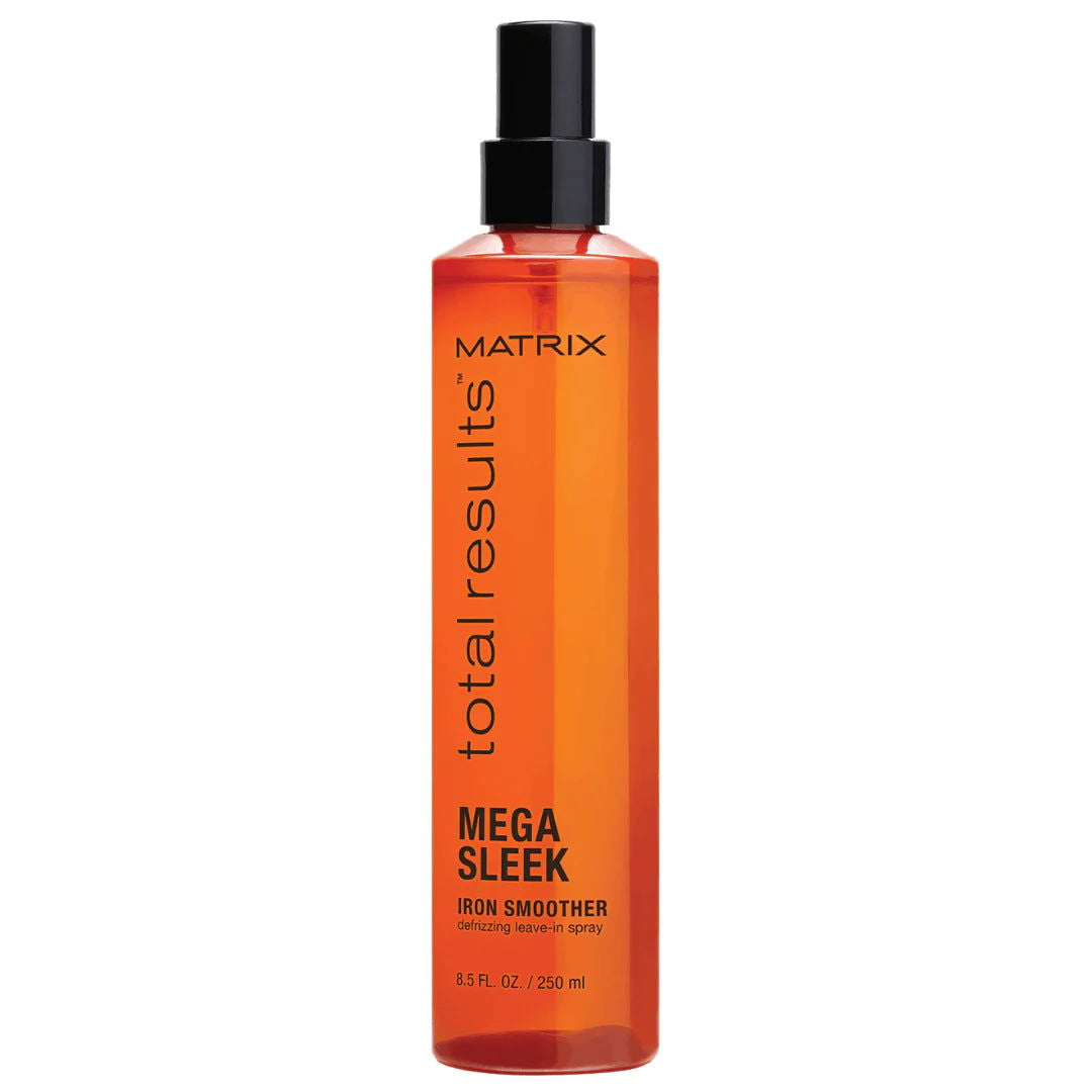 Matrix hair iron smoothing spray in orange bottle with black cap, 250 ml