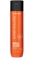 Matrix Total Results Mega Sleek shampoo bottle, orange label on black cap, 300 ml.