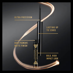 Black matte liquid eyeliner applicator with slim tube and pointed tip