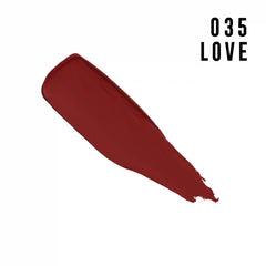 Velvet matte lipstick swatch, dark red with 035 LOVE text
