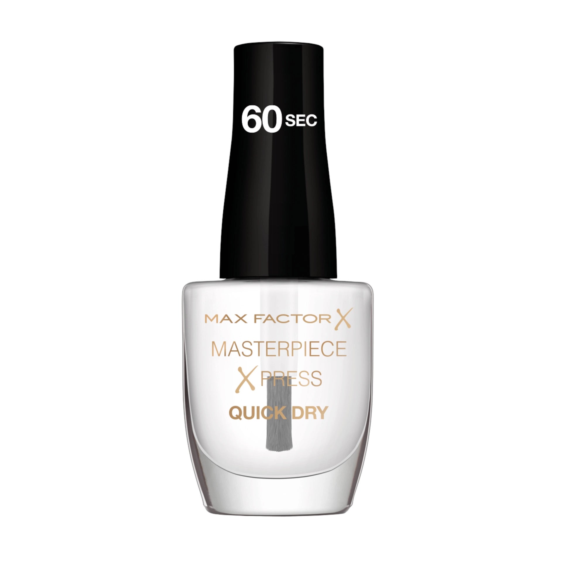Max Factor nail polish bottle, quick-dry formula, white shade with black cap