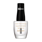 Max Factor nail polish bottle, quick-dry formula, white shade with black cap