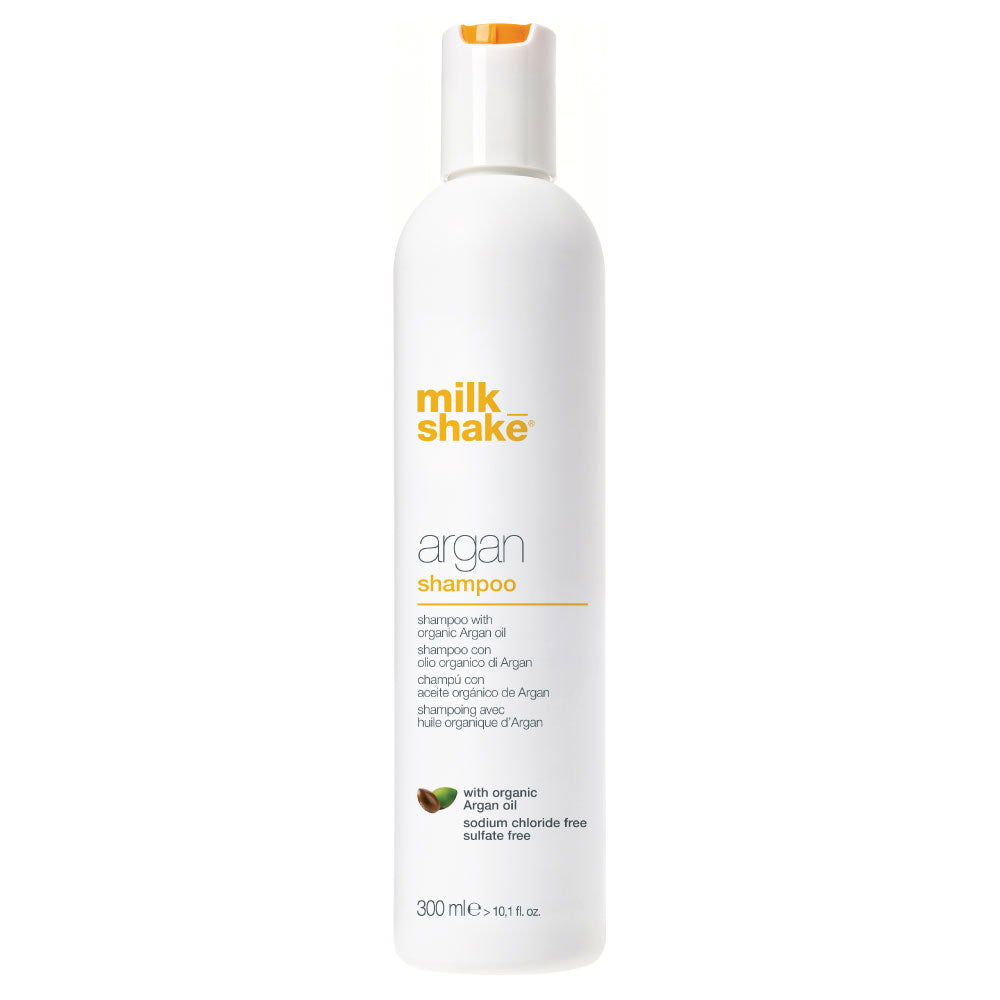 Milk Shake argan shampoo bottle, 300 ml, white with orange cap
