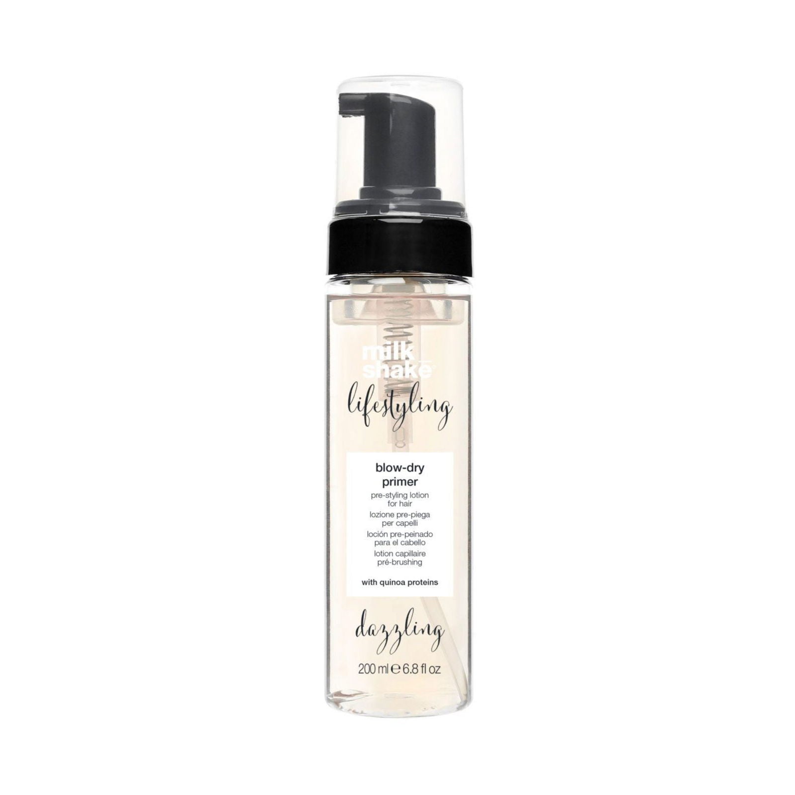 Hair blow-dry primer bottle with black pump, clear liquid and beige label, 200 ml