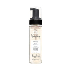 Hair blow-dry primer bottle with black pump, clear liquid and beige label, 200 ml