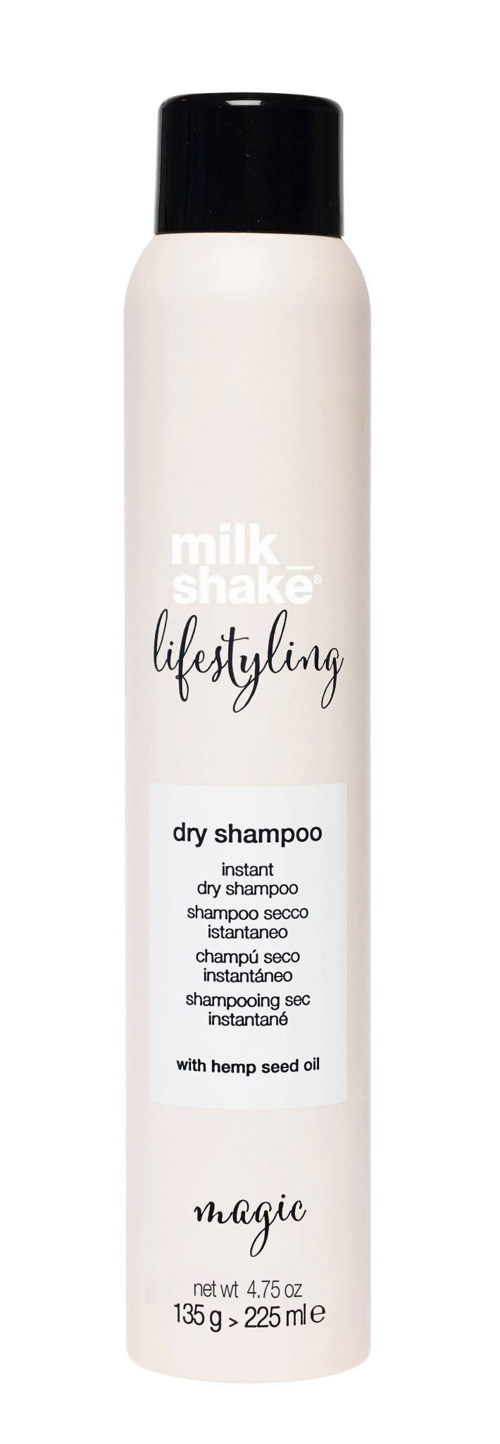 Dry shampoo bottle with black cap, white label, 225 ml