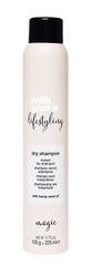 Dry shampoo bottle with black cap, white label, 225 ml
