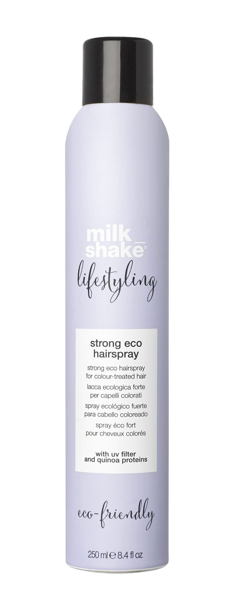 Milk_shake strong eco hairspray bottle, light purple with black cap, 250 ml