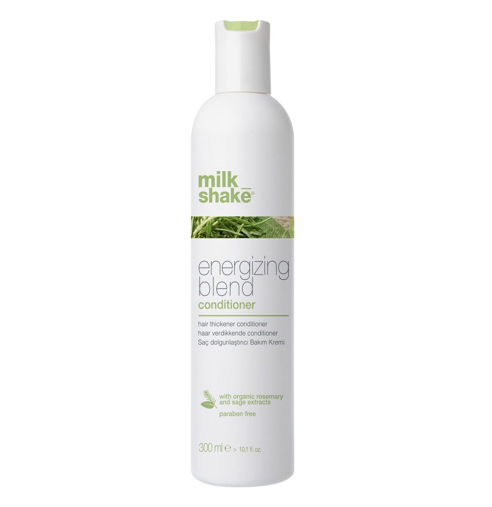 Conditioner bottle, white plastic with label for energizing blend, 300 ml