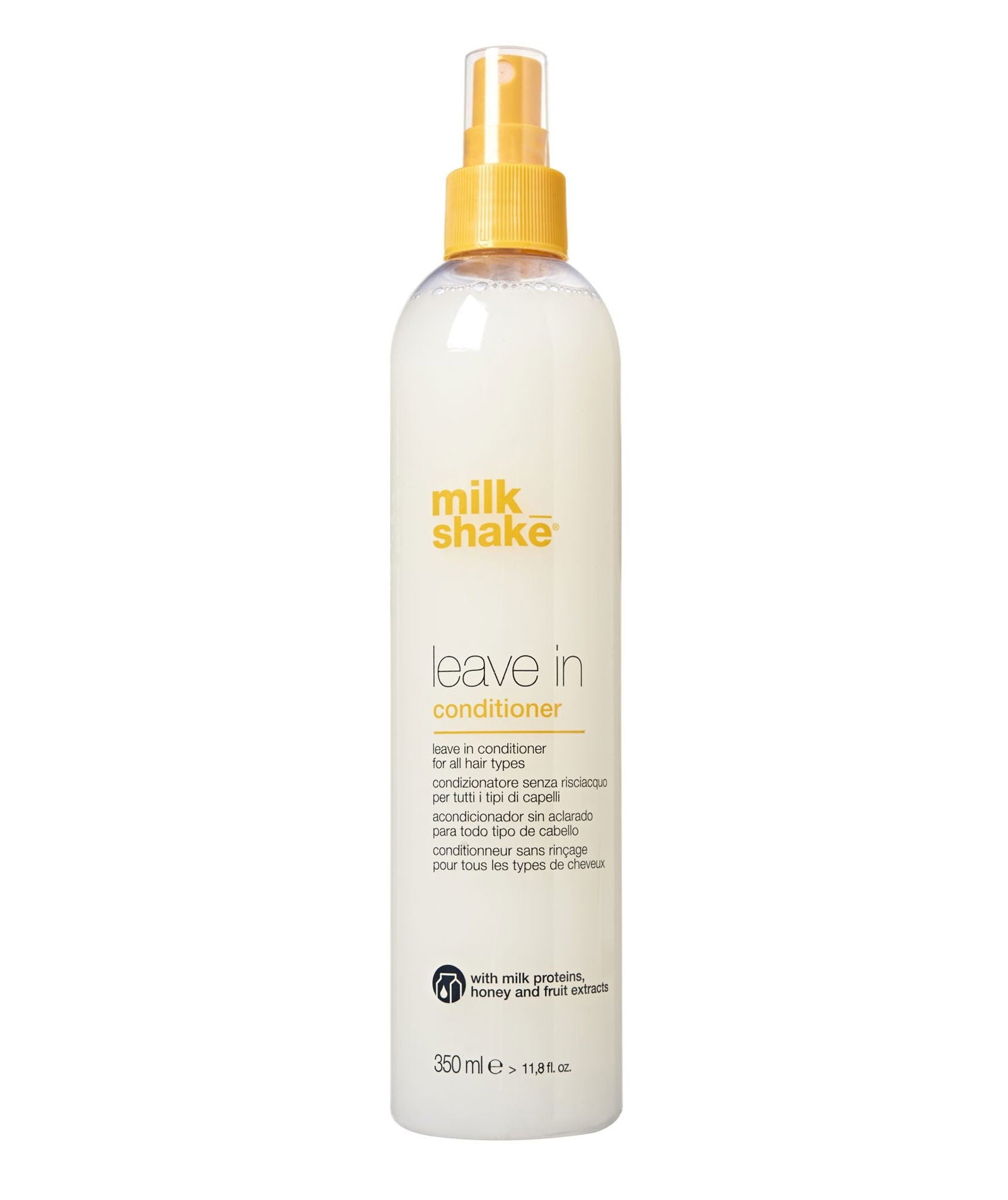 Milk Shake leave-in conditioner bottle, off-white with yellow spray cap