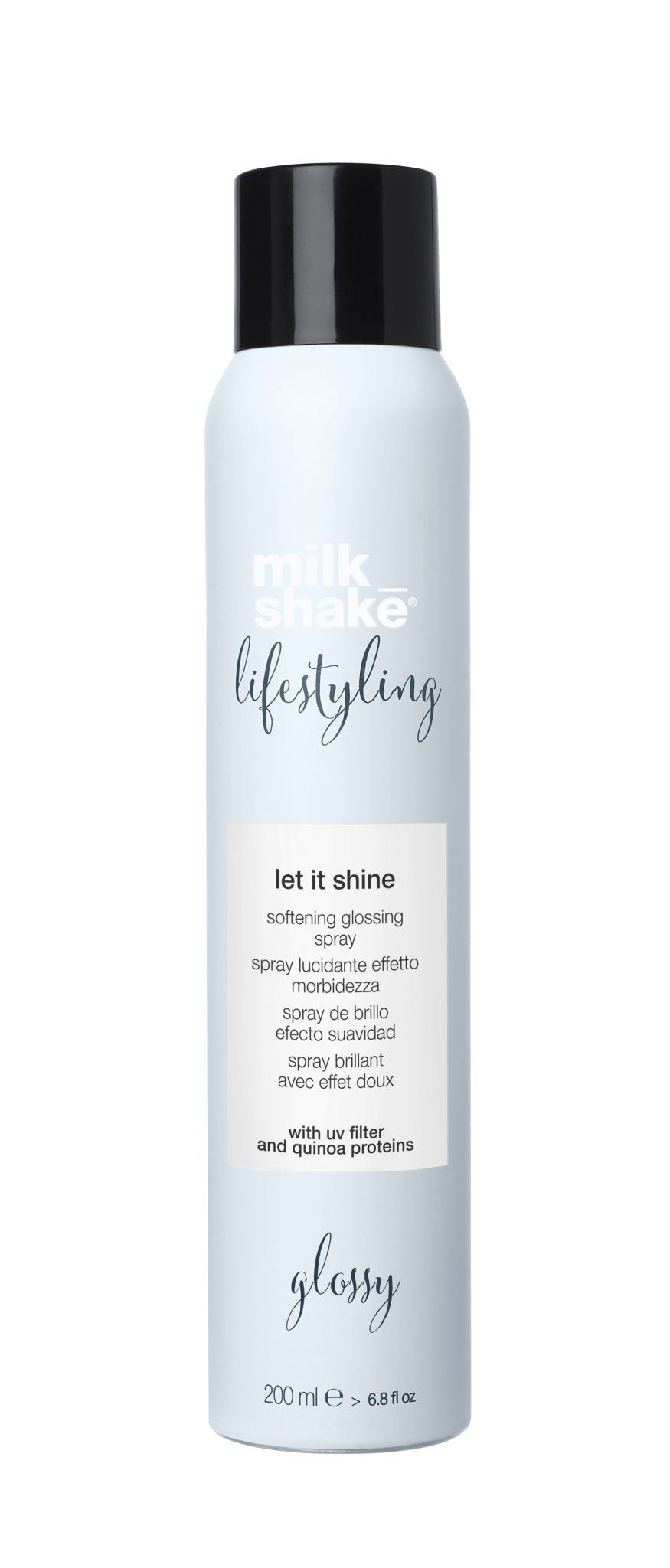Hair shine spray bottle, white with black cap, 200 ml