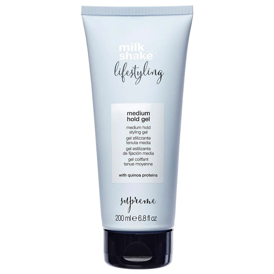 Medium hold gel in light blue tube with black cap, 200ml