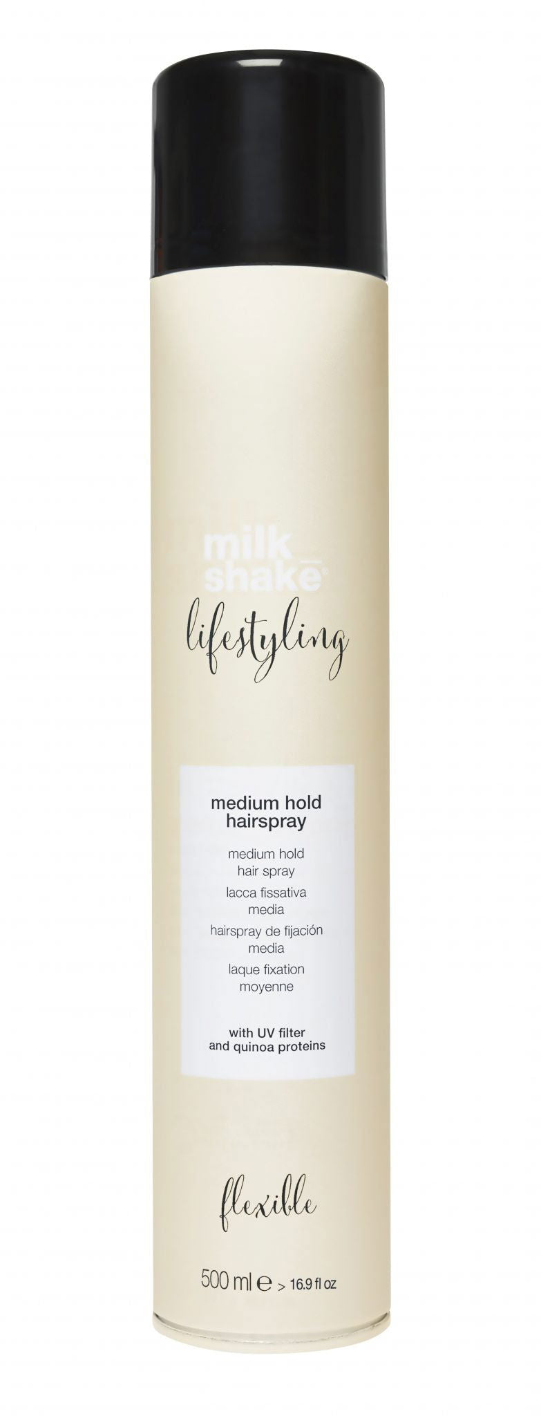 Milk Shake medium hold hairspray bottle, black cap, cream label, 500 ml