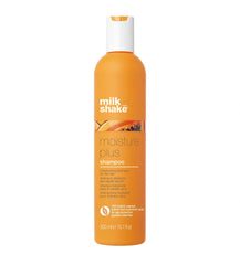 Moisture+ shampoo bottle, 300 ml, orange and white label with Milk Shake branding