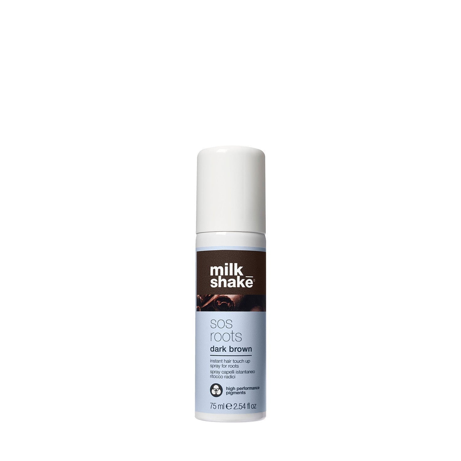 Hair spray bottle, SOS Roots dark brown 75 ml, with milk_shake label