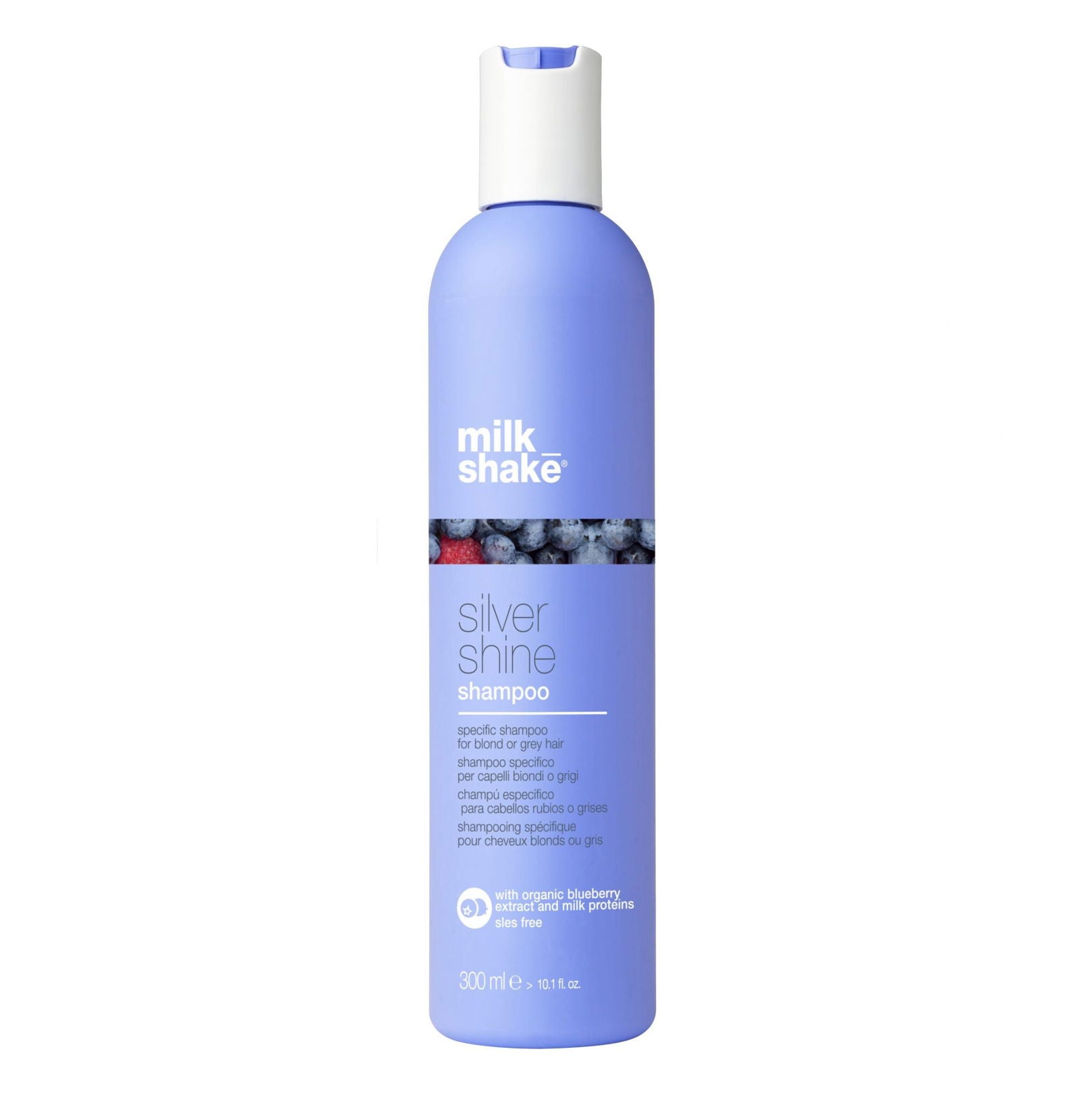 Milk Shake Silver Shine Shampoo bottle, 300ml, blue and white label