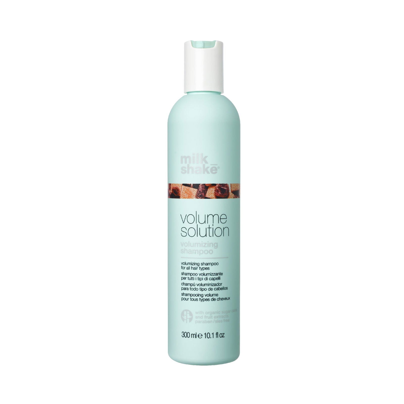 Shampoo bottle, light teal, flip-top cap, Volume Solution label