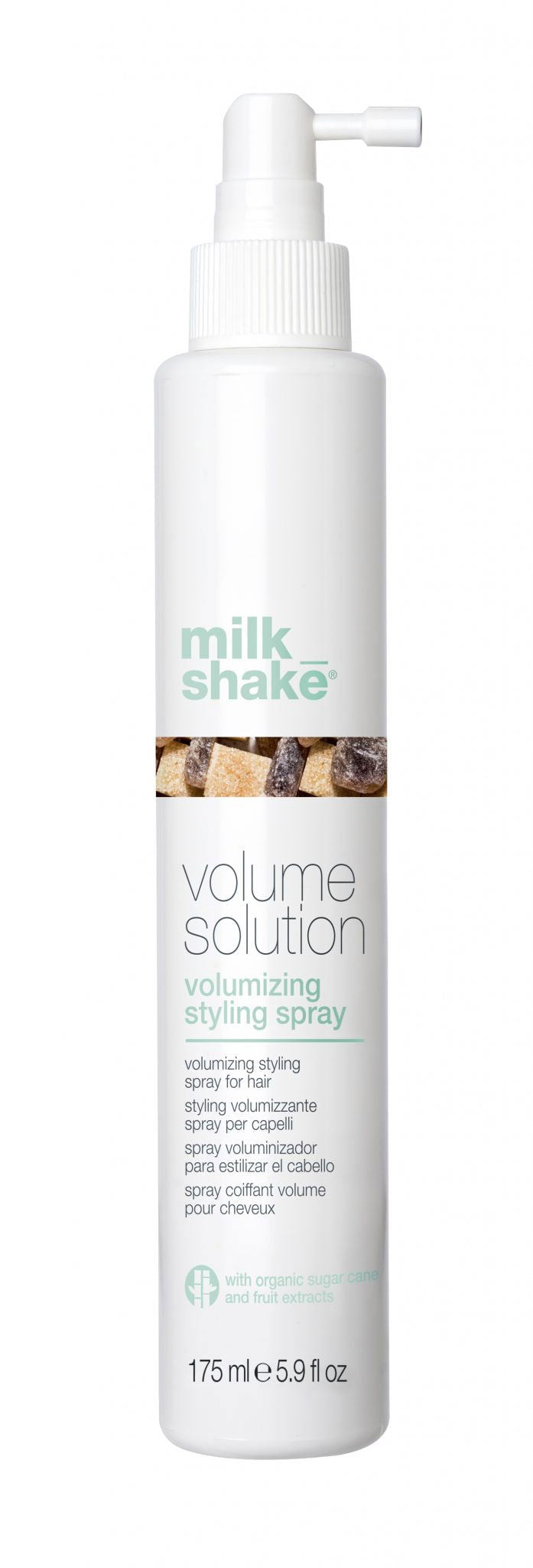 Hair styling spray bottle with white pump, volume solution label