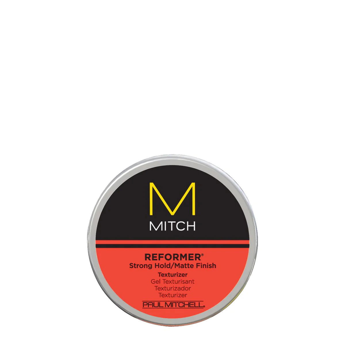Hair styling product tin with Mitch logo and Reformer strong hold matte finish label