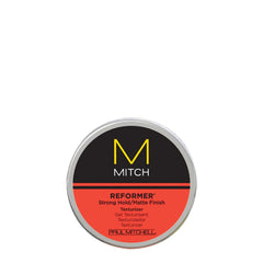 Hair styling product tin with Mitch logo and Reformer strong hold matte finish label