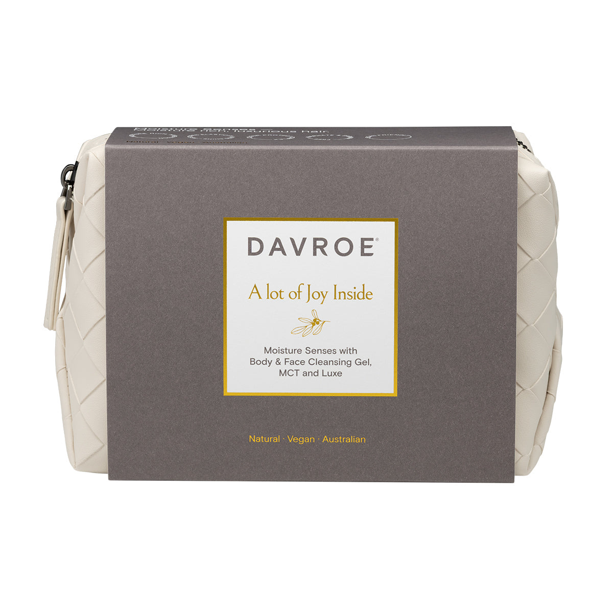 Davroe grey toiletry travel pouch with zipper and front label