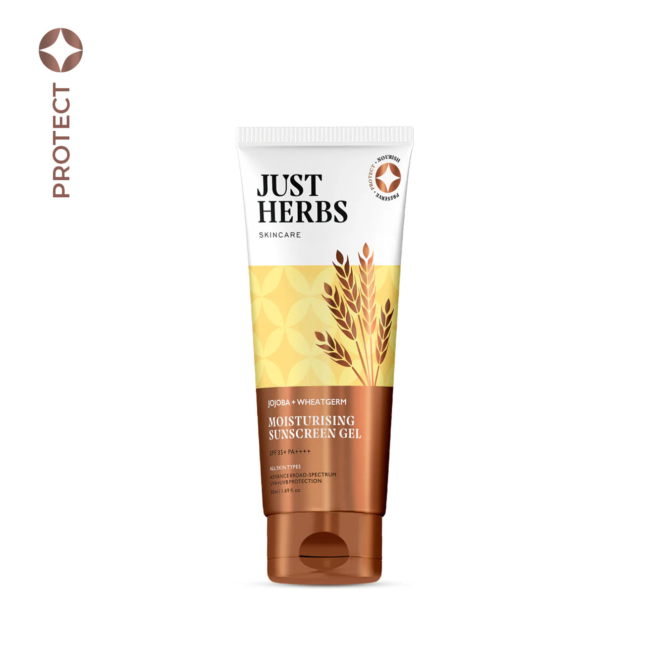 Moisturising sun protection gel tube with Just Herbs branding, jojoba-wheatgerm