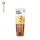 Moisturising sun protection gel tube with Just Herbs branding, jojoba-wheatgerm