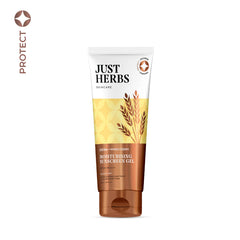 Moisturising sun protection gel tube with Just Herbs branding, jojoba-wheatgerm
