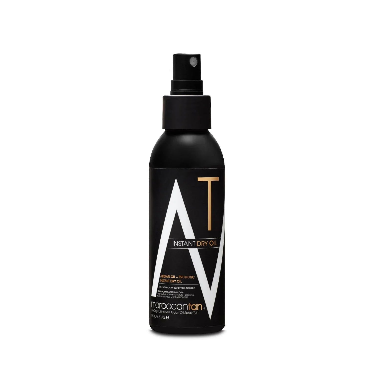 Instant dry oil bottle with black pump sprayer, brown label
