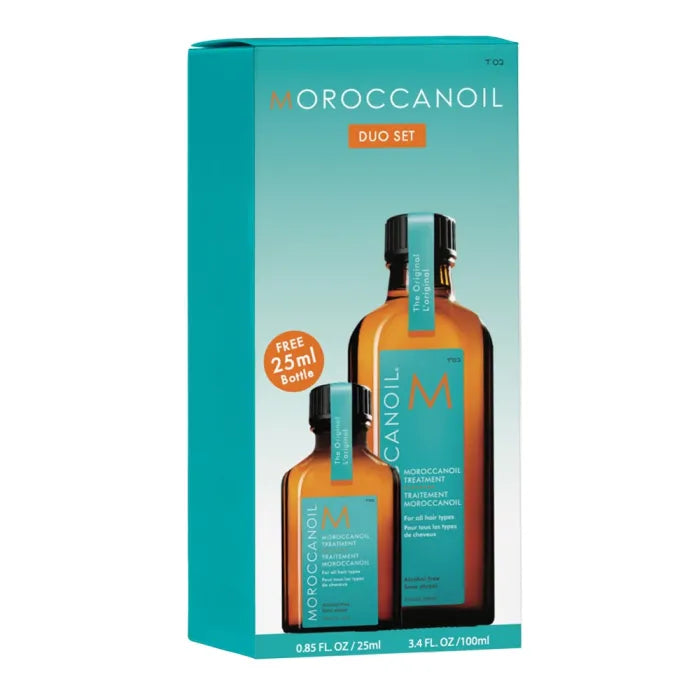 Moroccanoil On-the-Go duo hair treatment set, two amber bottles with teal labels