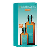 Moroccanoil On-the-Go duo hair treatment set, two amber bottles with teal labels