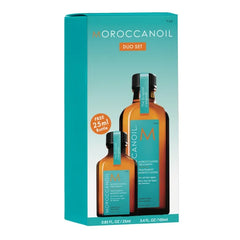 Moroccanoil On-the-Go duo hair treatment set, two amber bottles with teal labels