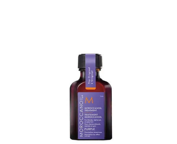 Purple hair treatment bottle, 25 ml, dark cap with Moroccanoil label
