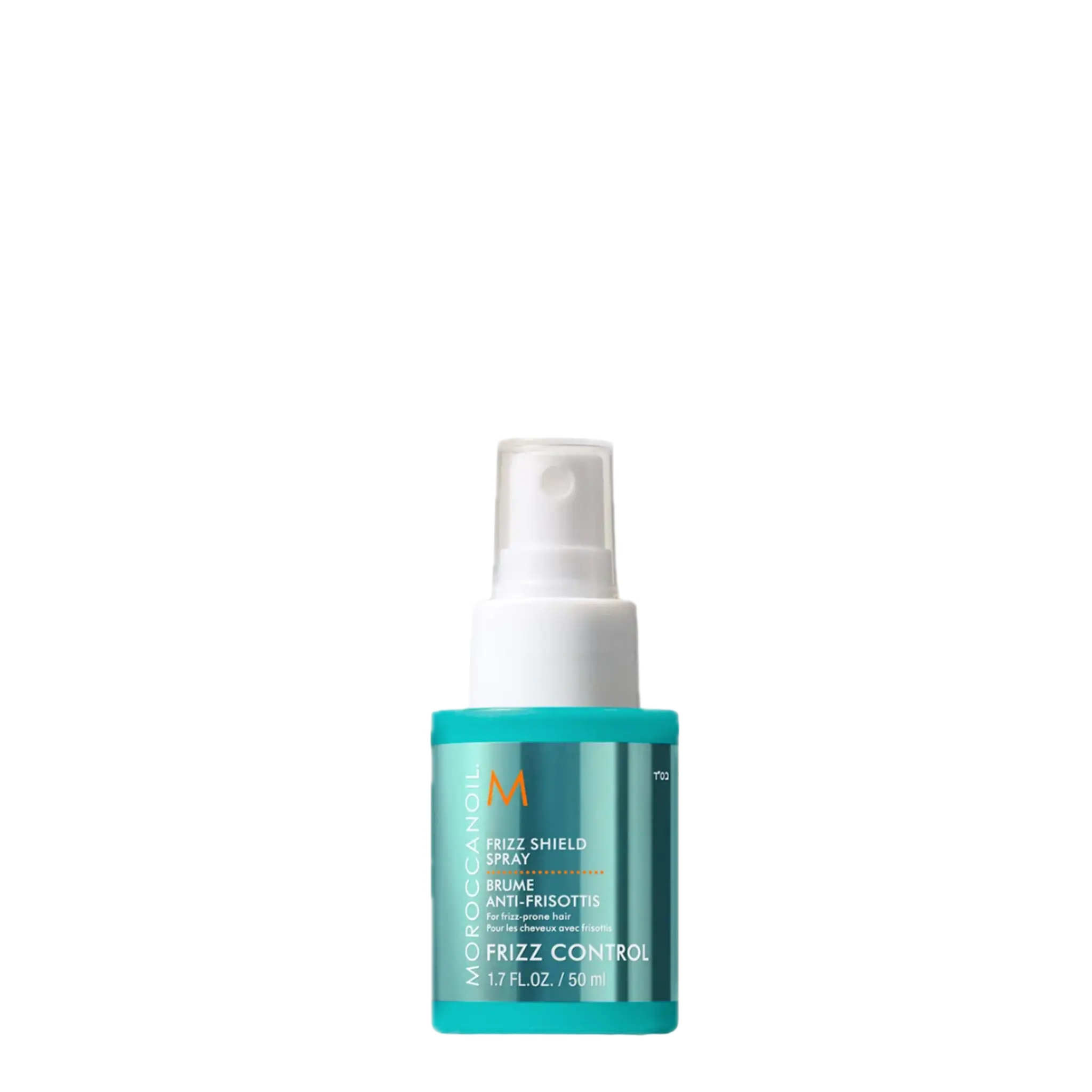 Moroccanoil frizz shield spray bottle, clear pump and teal label