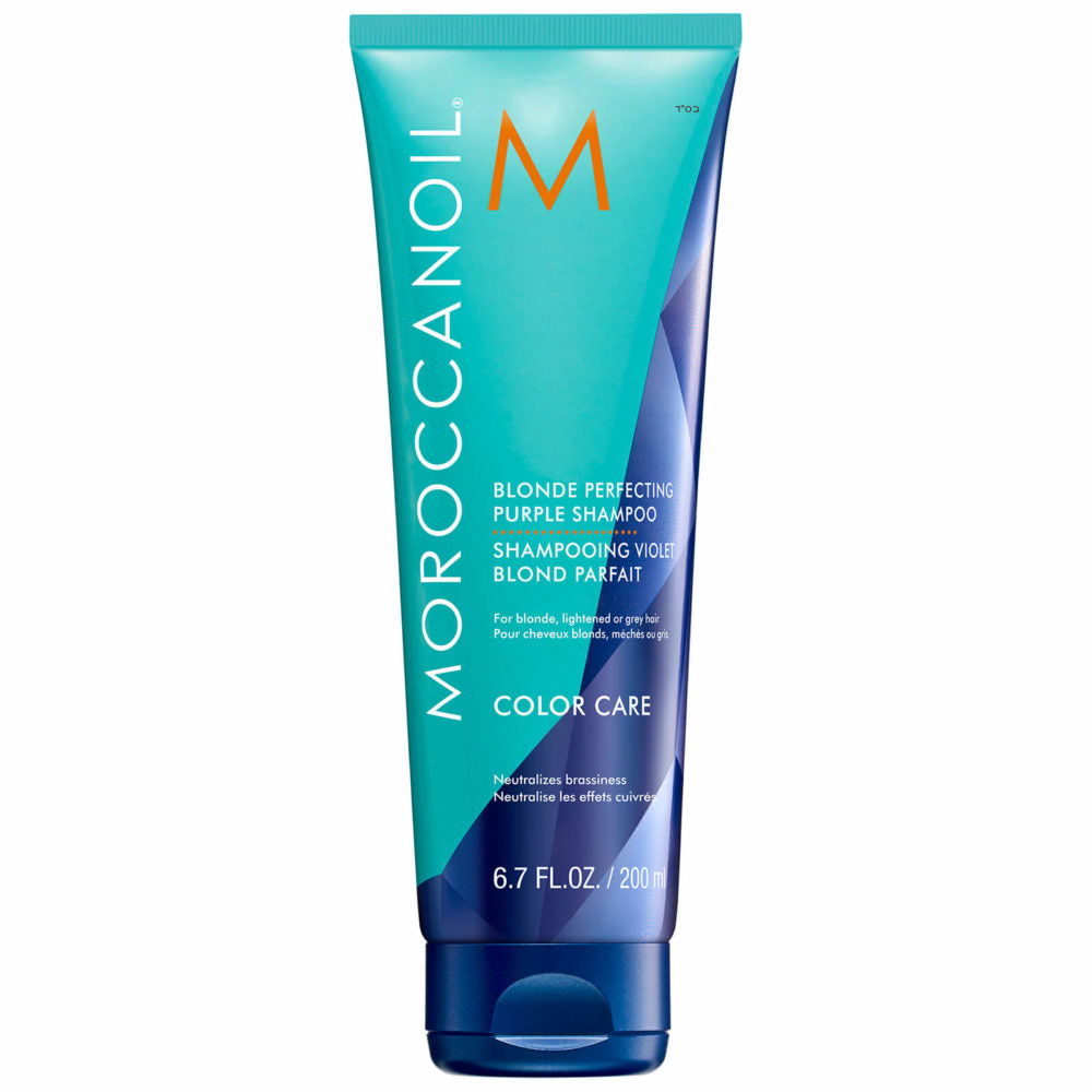 Moroccanoil Blonde Perfecting Purple Shampoo tube, 200 ml, blue-teal with purple cap