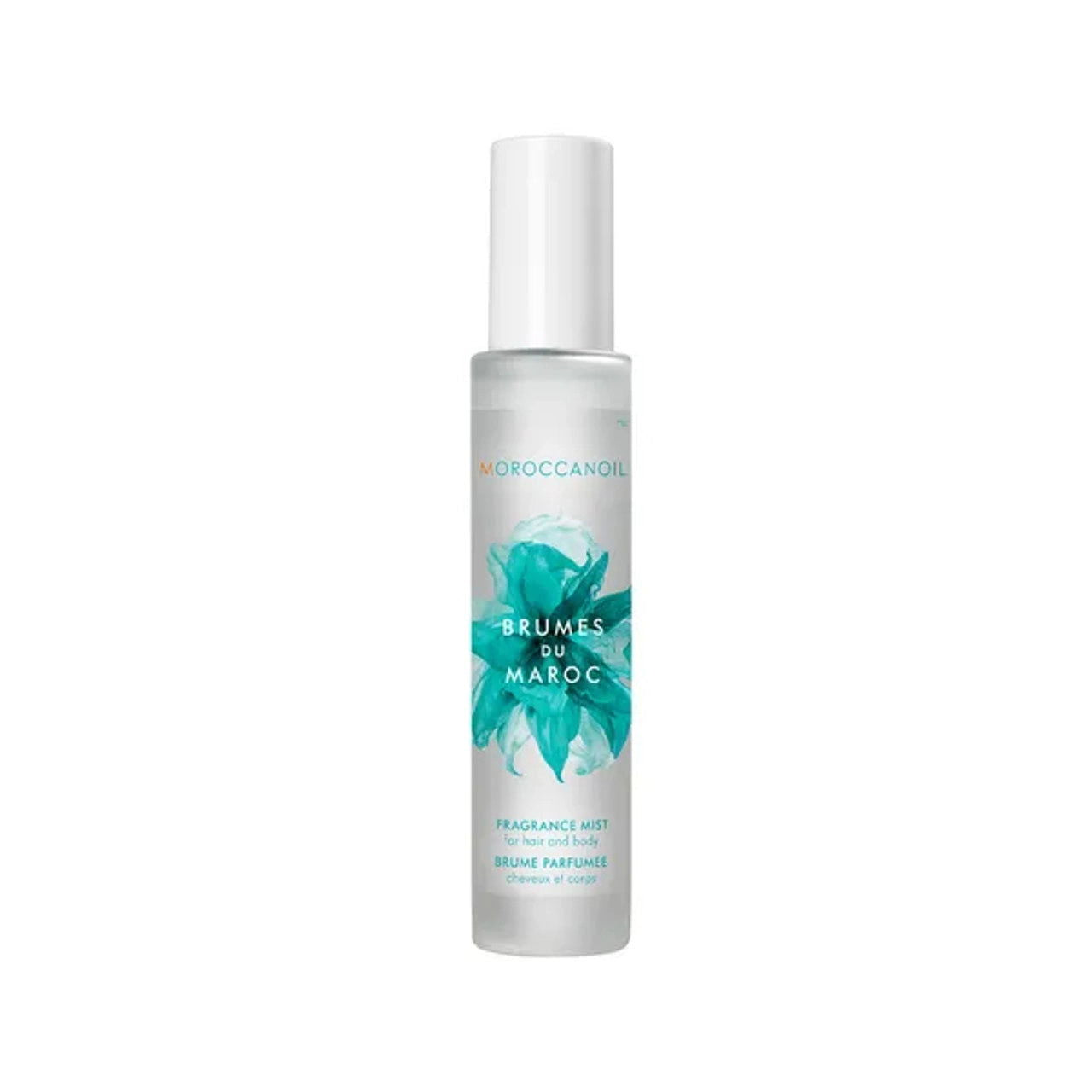 Hair and body mist bottle with white cap and teal floral label