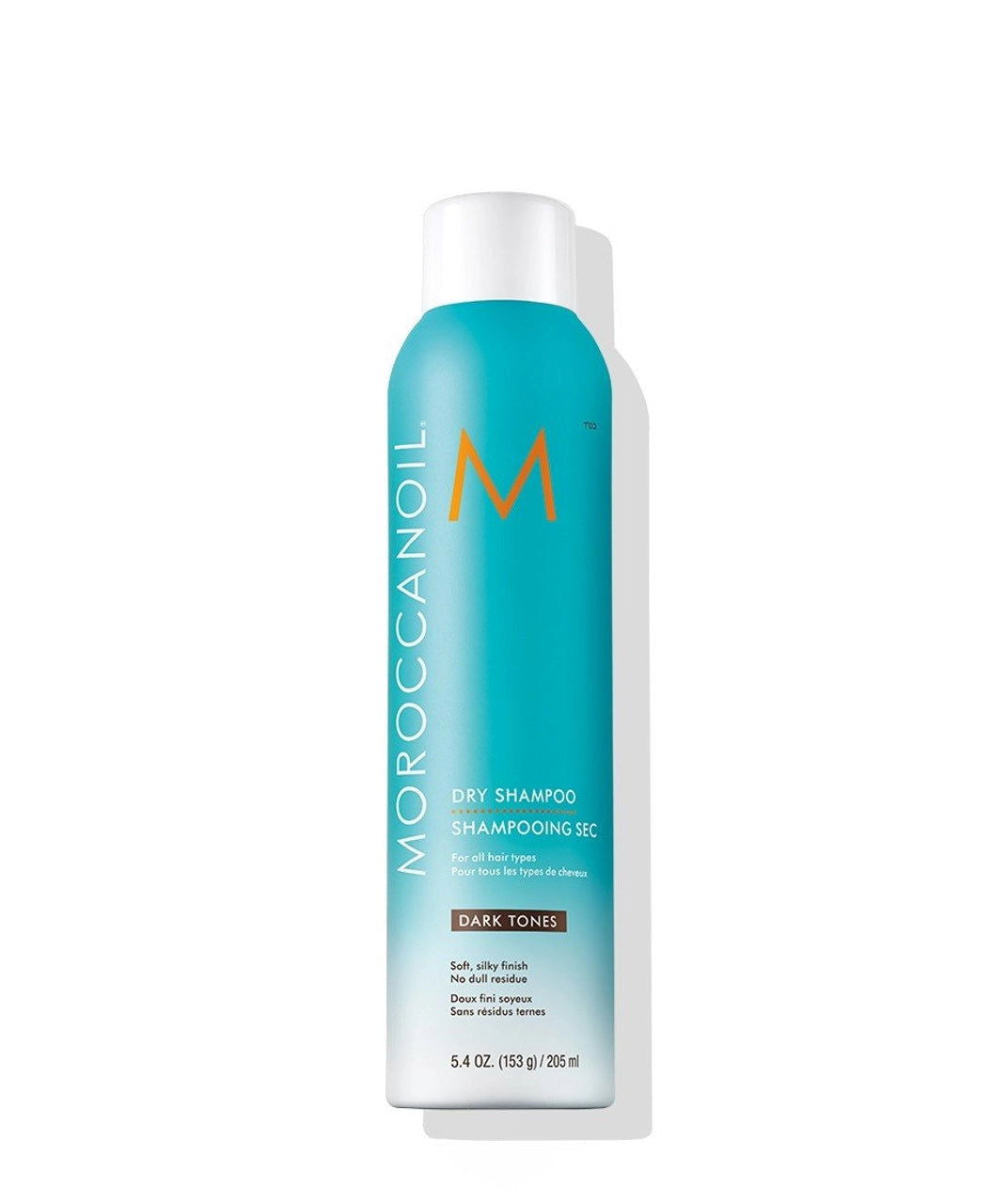 Moroccanoil Dry Shampoo Dark Tones bottle, teal liquid, white cap, 205 ml